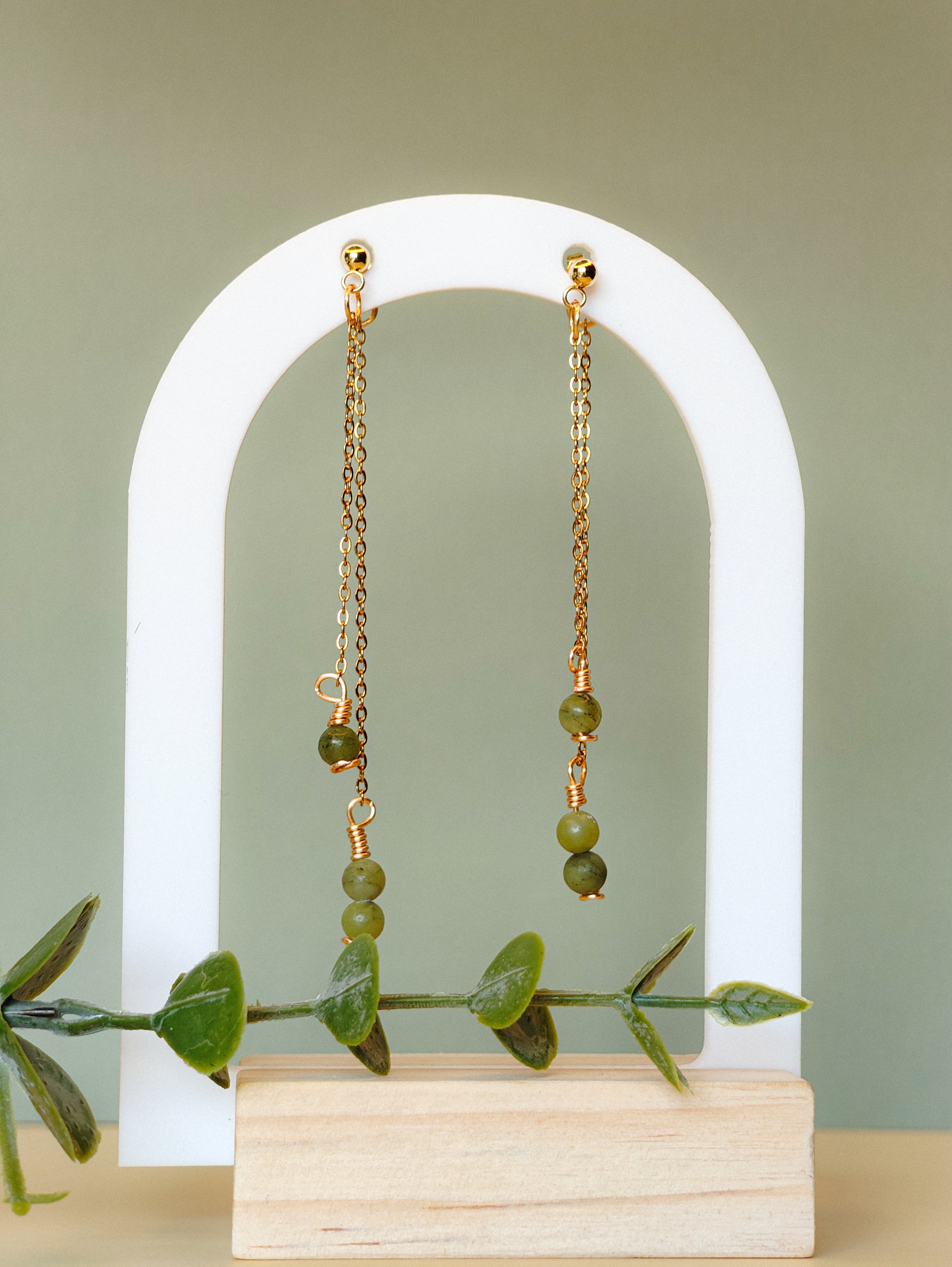 Golden Thread - Double Dangle - Green - Earrings